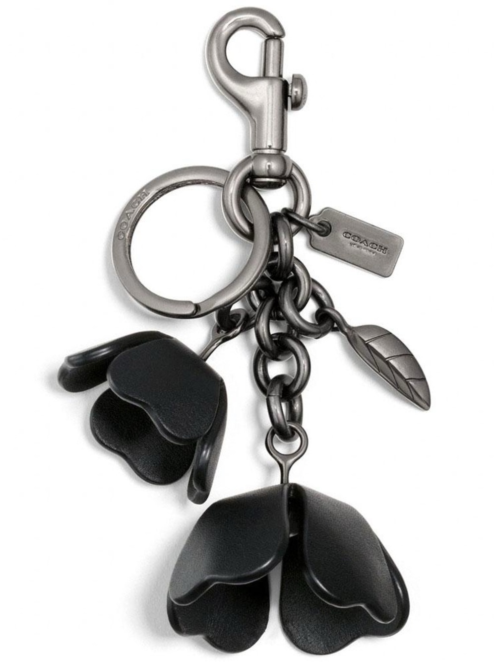 COACH Signature Tea Rose 3D Floral Bag Charm Key Ring Keychain Black Used